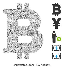 Hatch Mosaic based on Bitcoin icon. Mosaic vector Bitcoin is composed with random hatch spots. Bonus icons are added.