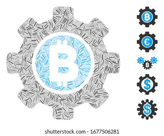 Hatch Mosaic based on Bitcoin development gear icon. Mosaic vector Bitcoin development gear is created with scattered hatch spots. Bonus icons are added.