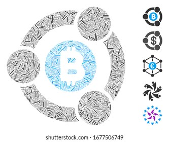 Hatch Mosaic based on Bitcoin collaboration icon. Mosaic vector Bitcoin collaboration is formed with scattered hatch items. Bonus icons are added.