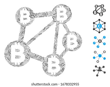 Mosaico de escote basado en el icono de la red Bitcoin. La red Bitcoin vector mosaico se crea con puntos de rayas dispersas. Se agregan iconos de bonificación.