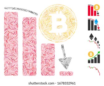 Hatch Mosaic based on Bitcoin falling chart icon. Mosaic vector Bitcoin falling chart is designed with random hatch items. Bonus icons are added.