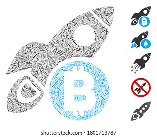 Mosaico de escotilla basado en el icono del cohete Bitcoin. El cohete Bitcoin vector mosaico se forma con elementos de escotilla dispersos. Se agregan iconos de bonificación.