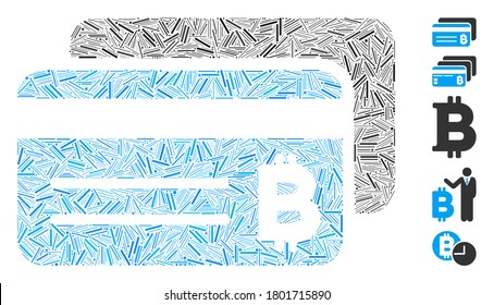 Hatch Mosaic basiert auf Bitcoin Bankkarten Symbol. Mosaike Vektor Bitcoin Bankkarten werden mit zufälligen Lukenflecken erstellt. Bonussymbole werden hinzugefügt.