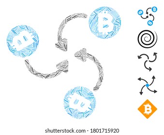 Hatch Mosaic based on Bitcoin mixer swirl icon. Mosaic vector Bitcoin mixer swirl is formed with random hatch dots. Bonus icons are added.