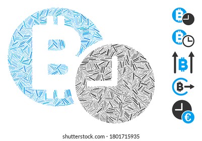 Hatch Mosaic based on Bitcoin credit clock icon. Mosaic vector Bitcoin credit clock is created with scattered hatch dots. Bonus icons are added.