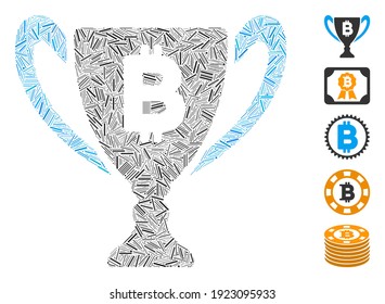 Hatch Mosaic based on Bitcoin award cup icon. Mosaic vector Bitcoin award cup is formed with randomized hatch spots. Bonus icons are added.