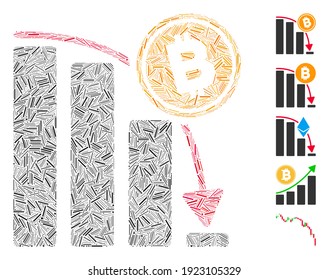 Hatch Mosaic based on Bitcoin epic fail chart icon. Mosaic vector Bitcoin epic fail chart is formed with randomized hatch spots. Bonus icons are added.