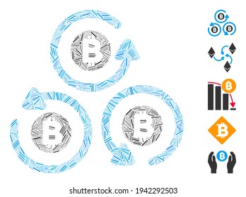 Hatch Mosaic based on Bitcoin mixer rotation icon. Mosaic vector Bitcoin mixer rotation is created with randomized hatch elements. Bonus icons are added.