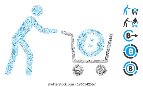 Hatch Mosaic based on Bitcoin purchase cart icon. Mosaic vector Bitcoin purchase cart is composed with random hatch items. Bonus icons are added.