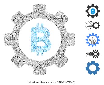 Hatch Mosaic based on Bitcoin gear icon. Mosaic vector Bitcoin gear is created with random hatch dots. Bonus icons are added.