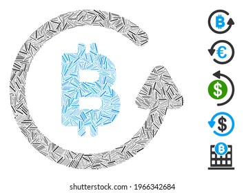 Hatch Mosaic based on Bitcoin refund icon. Mosaic vector Bitcoin refund is composed with scattered hatch spots. Bonus icons are added.