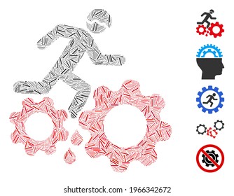 Hatch Mosaic based on blood gear job accident icon. Mosaic vector blood gear job accident is composed with scattered hatch spots. Bonus icons are added.