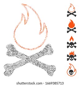 Hatch Mosaic based on bones hell fire icon. Mosaic vector bones hell fire is designed with scattered hatch spots. Bonus icons are added.