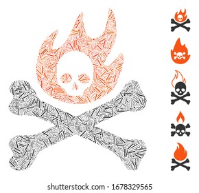 Hatch Mosaic based on bones fire icon. Mosaic vector bones fire is formed with random hatch items. Bonus icons are added.