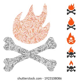 Hatch Mosaic based on bones hell fire icon. Mosaic vector bones hell fire is formed with randomized hatch items. Bonus icons are added.