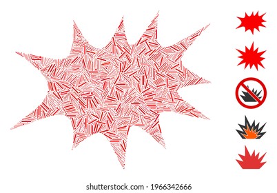 Hatch Mosaic based on boom bang icon. Mosaic vector boom bang is composed with randomized hatch dots. Bonus icons are added.
