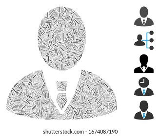 Hatch Mosaic basiert auf dem Boss Icon. Der Mosaik-Vektorillustration-Chef besteht aus verstreuten Schlupfelementen. Bonussymbole werden hinzugefügt.