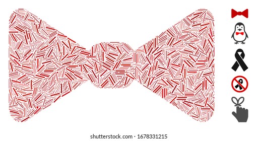 Hatch Mosaic based on bow tie icon. Mosaic vector bow tie is designed with randomized hatch dots. Bonus icons are added.