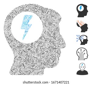Hatch Mosaic based on brain electric shock icon. Mosaic vector brain electric shock is formed with scattered hatch elements. Bonus icons are added.
