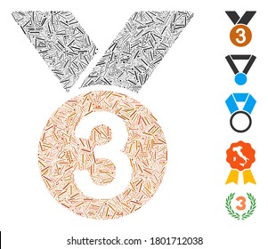 Hatch Mosaic based on bronze medal icon. Mosaic vector bronze medal is formed with random hatch spots. Bonus icons are added.