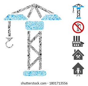 Hatch Mosaic based on building crane icon. Mosaic vector building crane is designed with scattered hatch dots. Bonus icons are added.