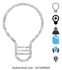 Hatch Mosaic based on bulb icon. Mosaic vector bulb is composed with scattered hatch spots. Bonus icons are added.