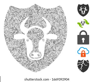 Hatch Mosaic based on bull shield icon. Mosaic vector bull shield is created with scattered hatch dots. Bonus icons are added.