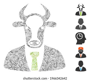 Mosaico de escotilla basado en el icono del jefe de toro. El jefe del toro del vector mosaico se forma con elementos de trama dispersos. Se agregan iconos de bonificación.
