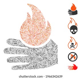 Hatch Mosaic based on burn hand icon. Mosaic vector burn hand is created with scattered hatch spots. Bonus icons are added.