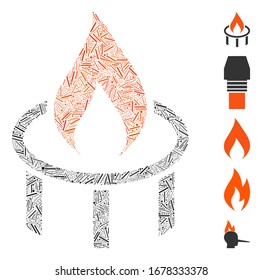 Hatch Mosaic based on burner nozzle flame icon. Mosaic vector burner nozzle flame is formed with random hatch elements. Bonus icons are added.