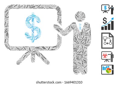 Hatch Mosaic based on business plan presentation icon. Mosaic vector business plan presentation is designed with scattered hatch elements. Bonus icons are added.