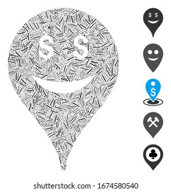 Hatch Mosaic based on business smiley map marker icon. Mosaic vector business smiley map marker is designed with random hatch dots. Bonus icons are added.