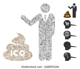 Hatch Mosaic based on businessman show ICO shit icon. Mosaic vector businessman show ICO shit is designed with scattered hatch dots. Bonus icons are added.