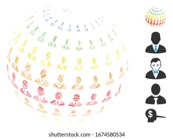 Hatch Mosaic based on businessman abstract sphere icon. Mosaic vector businessman abstract sphere is designed with randomized hatch spots. Bonus icons are added.