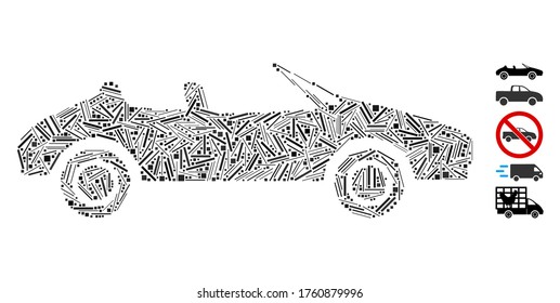 Hatch Mosaic based on cabriolet icon. Mosaic vector cabriolet is composed with scattered hatch elements. Bonus icons are added.