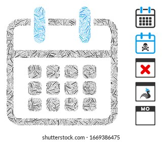 Hatch Mosaic based on calendar poster icon. Mosaic vector calendar poster is designed with random hatch dots. Bonus icons are added.