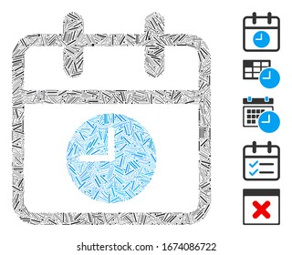 Hatch Mosaic based on calendar page and time icon. Mosaic vector calendar page and time is created with random hatch spots. Bonus icons are added.