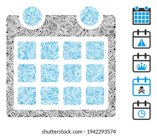 Hatch Mosaic based on calendar icon. Mosaic vector calendar is composed with scattered hatch dots. Bonus icons are added.