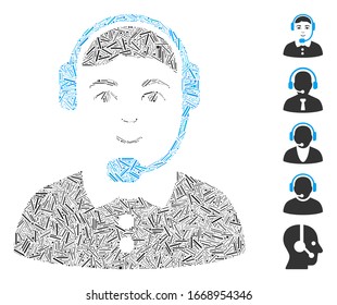 Hatch Mosaic based on call center operator icon. Mosaic vector call center operator is composed with random hatch elements. Bonus icons are added.
