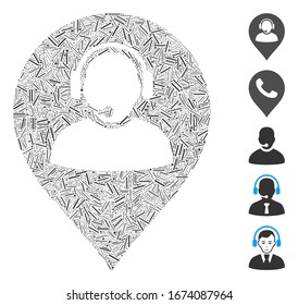 Hatch Mosaic based on call center marker icon. Mosaic vector call center marker is designed with scattered hatch dots. Bonus icons are added.