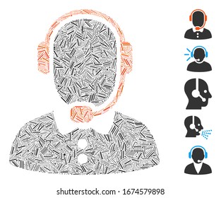 Hatch Mosaic based on call center operator icon. Mosaic vector call center operator is composed with scattered hatch items. Bonus icons are added.