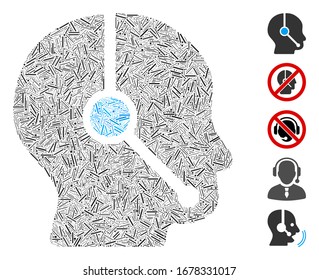 Hatch Mosaic based on call center operator icon. Mosaic vector call center operator is composed with scattered line dots. Bonus icons are added.