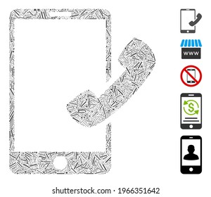 Hatch Mosaic based on call smartphone icon. Mosaic vector call smartphone is designed with randomized hatch spots. Bonus icons are added.