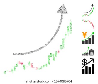 Hatch Mosaic based on candlestick chart growth trend icon. Mosaic vector candlestick chart growth trend is created with randomized hatch dots. Bonus icons are added.