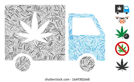 Hatch Mosaic based on cannabis delivery van icon. Mosaic vector cannabis delivery van is designed with randomized hatch spots. Bonus icons are added.