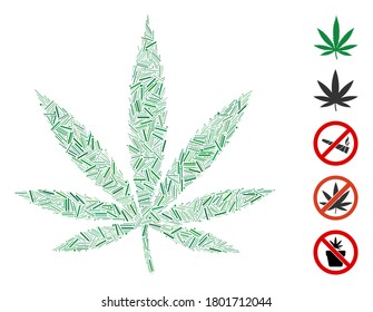 Hatch Mosaic based on cannabis leaf icon. Mosaic vector cannabis leaf is created with random hatch items. Bonus icons are added.