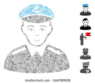 Hatch Mosaic based on captain icon. Mosaic vector captain is created with scattered hatch spots. Bonus icons are added.