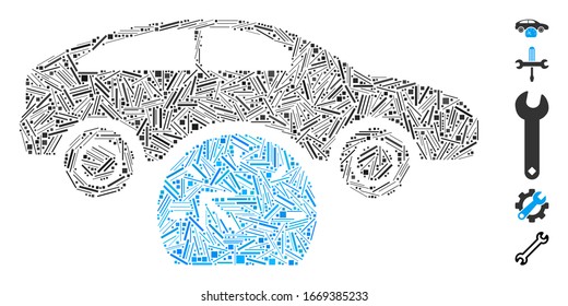 Hatch Mosaic based on car testing icon. Mosaic vector car testing is designed with random hatch dots. Bonus icons are added.