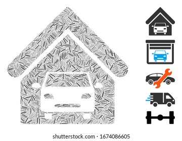 Hatch Mosaic based on car garage icon. Mosaic vector car garage is designed with scattered line spots. Bonus icons are added.