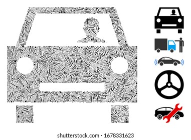 Hatch Mosaic based on car driver icon. Mosaic vector car driver is created with scattered hatch spots. Bonus icons are added.